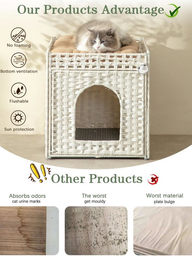 SETVSON Cat Litter Box Enclosure Furniture, Hidden Litter Box with Mat and Fence, Handwoven Rattan Cat House with Two S-Shaped Hooks for Living Room, Bedroom, 18.5 x 20.5 x 19.1 Inches (White - Image 4