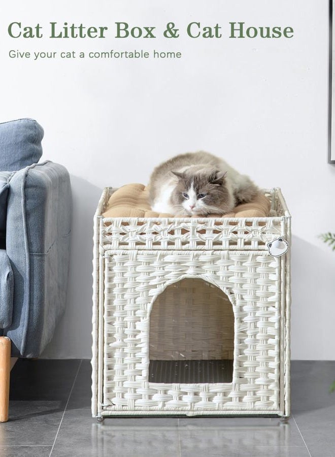 SETVSON Cat Litter Box Enclosure Furniture, Hidden Litter Box with Mat and Fence, Handwoven Rattan Cat House with Two S-Shaped Hooks for Living Room, Bedroom, 18.5 x 20.5 x 19.1 Inches (White - Image 2