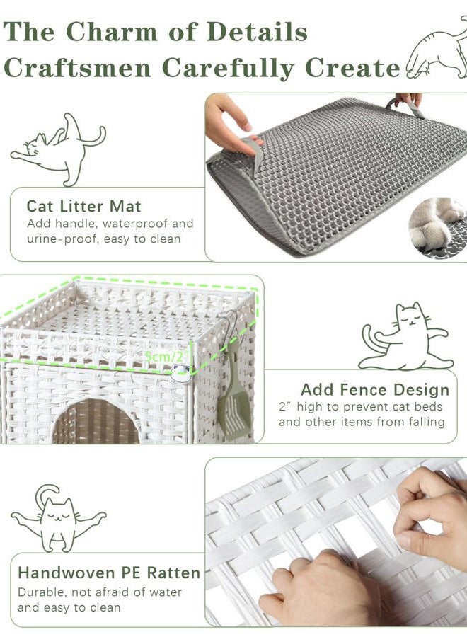 SETVSON Cat Litter Box Enclosure Furniture, Hidden Litter Box with Mat and Fence, Handwoven Rattan Cat House with Two S-Shaped Hooks for Living Room, Bedroom, 18.5 x 20.5 x 19.1 Inches (White - Image 3