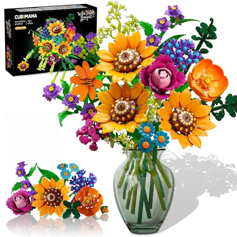 CUBIMANA Wild Flowers Bouquet Building Set with Lights - 912PCS Wildflower 18 Botanicals Collection Building Blocks Sunflower Rose Plants Home Decor Valentines Gift for Her Mom Women Adults Girls 12+ - Image 1