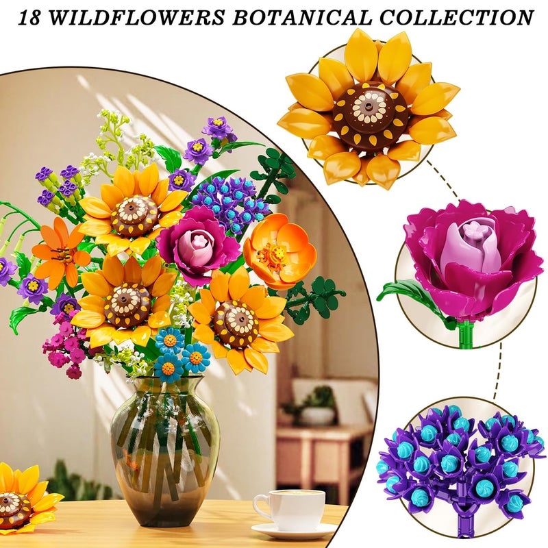 CUBIMANA Wild Flowers Bouquet Building Set with Lights - 912PCS Wildflower 18 Botanicals Collection Building Blocks Sunflower Rose Plants Home Decor Valentines Gift for Her Mom Women Adults Girls 12+ - Image 5