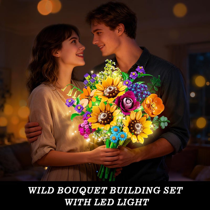 CUBIMANA Wild Flowers Bouquet Building Set with Lights - 912PCS Wildflower 18 Botanicals Collection Building Blocks Sunflower Rose Plants Home Decor Valentines Gift for Her Mom Women Adults Girls 12+ - Image 3