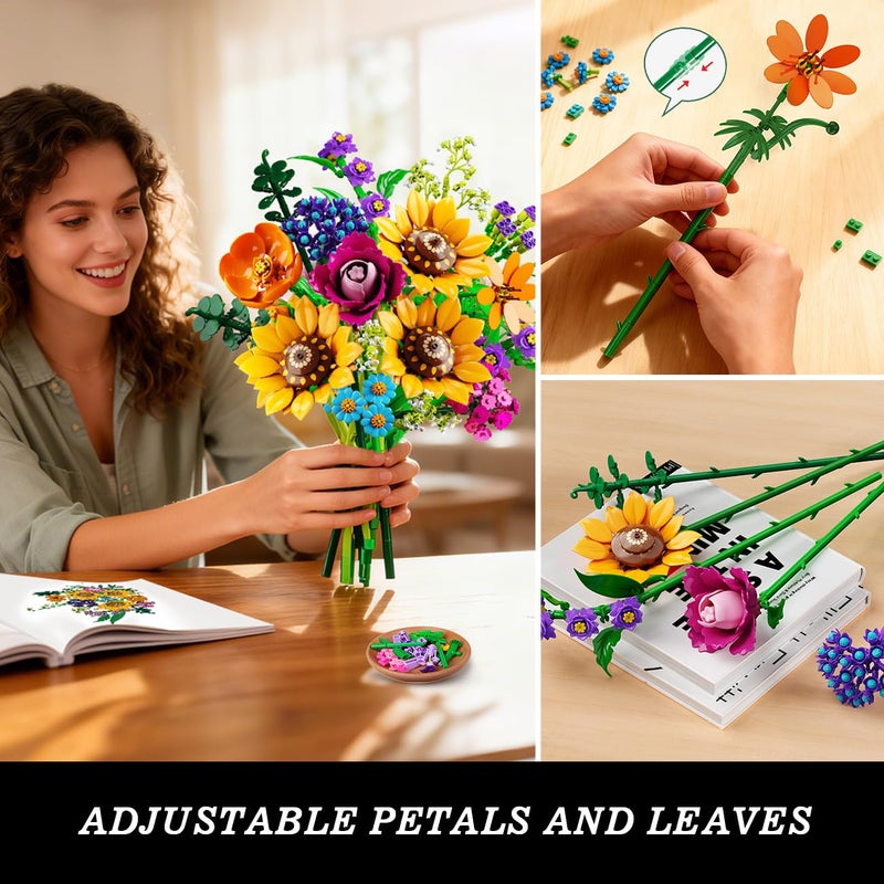 CUBIMANA Wild Flowers Bouquet Building Set with Lights - 912PCS Wildflower 18 Botanicals Collection Building Blocks Sunflower Rose Plants Home Decor Valentines Gift for Her Mom Women Adults Girls 12+ - Image 4