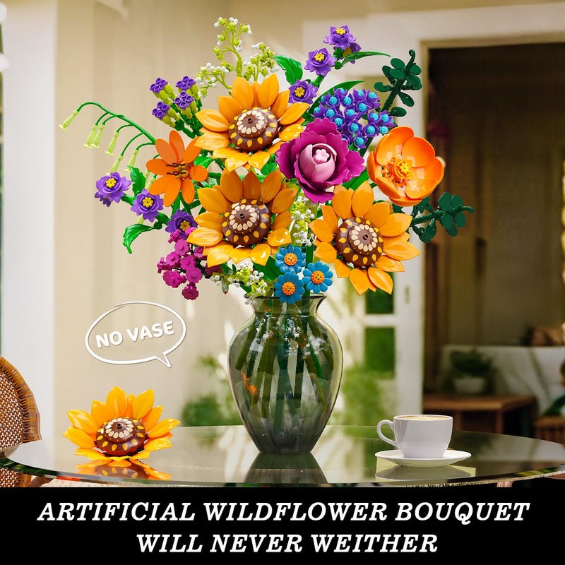 CUBIMANA Wild Flowers Bouquet Building Set with Lights - 912PCS Wildflower 18 Botanicals Collection Building Blocks Sunflower Rose Plants Home Decor Valentines Gift for Her Mom Women Adults Girls 12+ - Image 2
