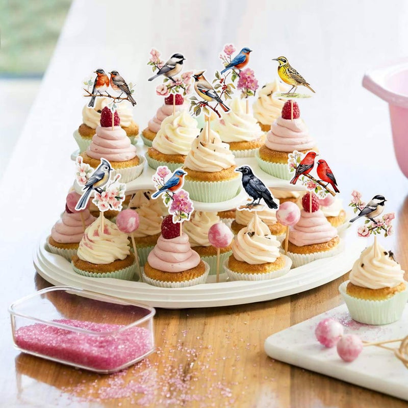 Ercadio 32 Pcs Bird Party Cupcake Toppers Hawaiian Summer Rainforest Bird Cake Pick Decorations for Bird Theme Baby Shower Birthday Party Cake Decorations Supplies - Image 3