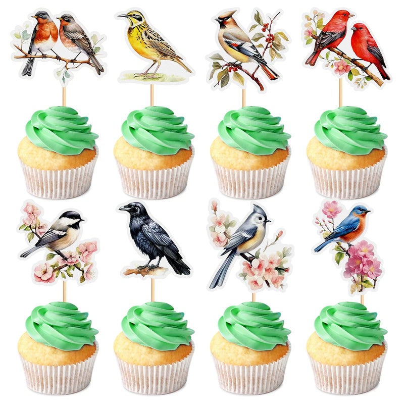 Ercadio 32 Pcs Bird Party Cupcake Toppers Hawaiian Summer Rainforest Bird Cake Pick Decorations for Bird Theme Baby Shower Birthday Party Cake Decorations Supplies - Image 1
