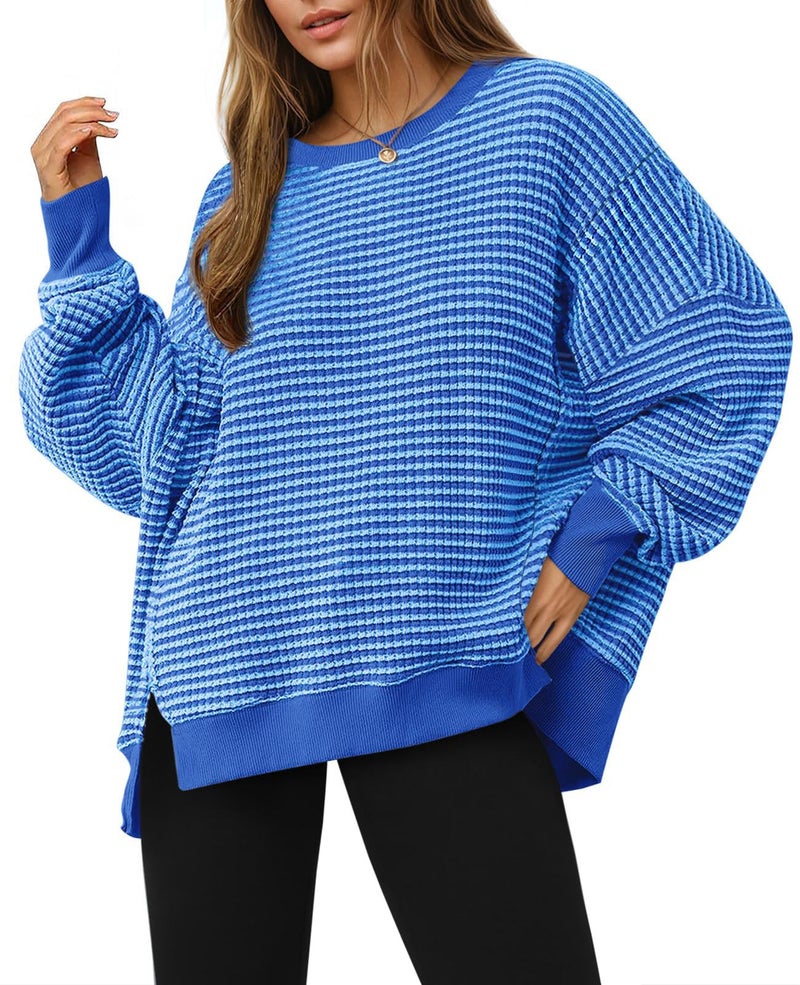 Fisoew Women's Oversized Sweatshirt Waffle Knit Striped Long Sleeve Crewneck Casual Loose Pullover Tunic Tops Blue - Image 1