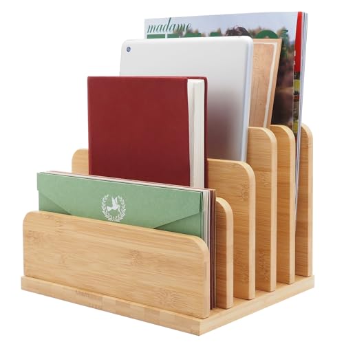 Deefielly Desk File Mail Organizer Countertop, 5 Slots Bamboo Folder Sorter Holder for Letter, Envelope, Paper, Bill Filing, Desktop Tray Organizer for Office & Home - Image 1