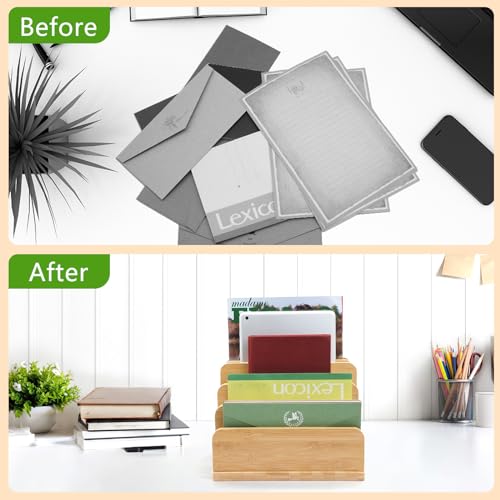Deefielly Desk File Mail Organizer Countertop, 5 Slots Bamboo Folder Sorter Holder for Letter, Envelope, Paper, Bill Filing, Desktop Tray Organizer for Office & Home - Image 3