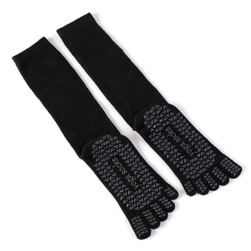 Fall Winter Anti-Slip Yoga Socks High Tube Pilates Toe Grip Cotton Black female with Five Fingers 