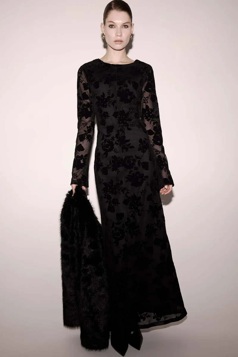 DeFacto A Line Crew Neck Tulle Long Sleeve Dress