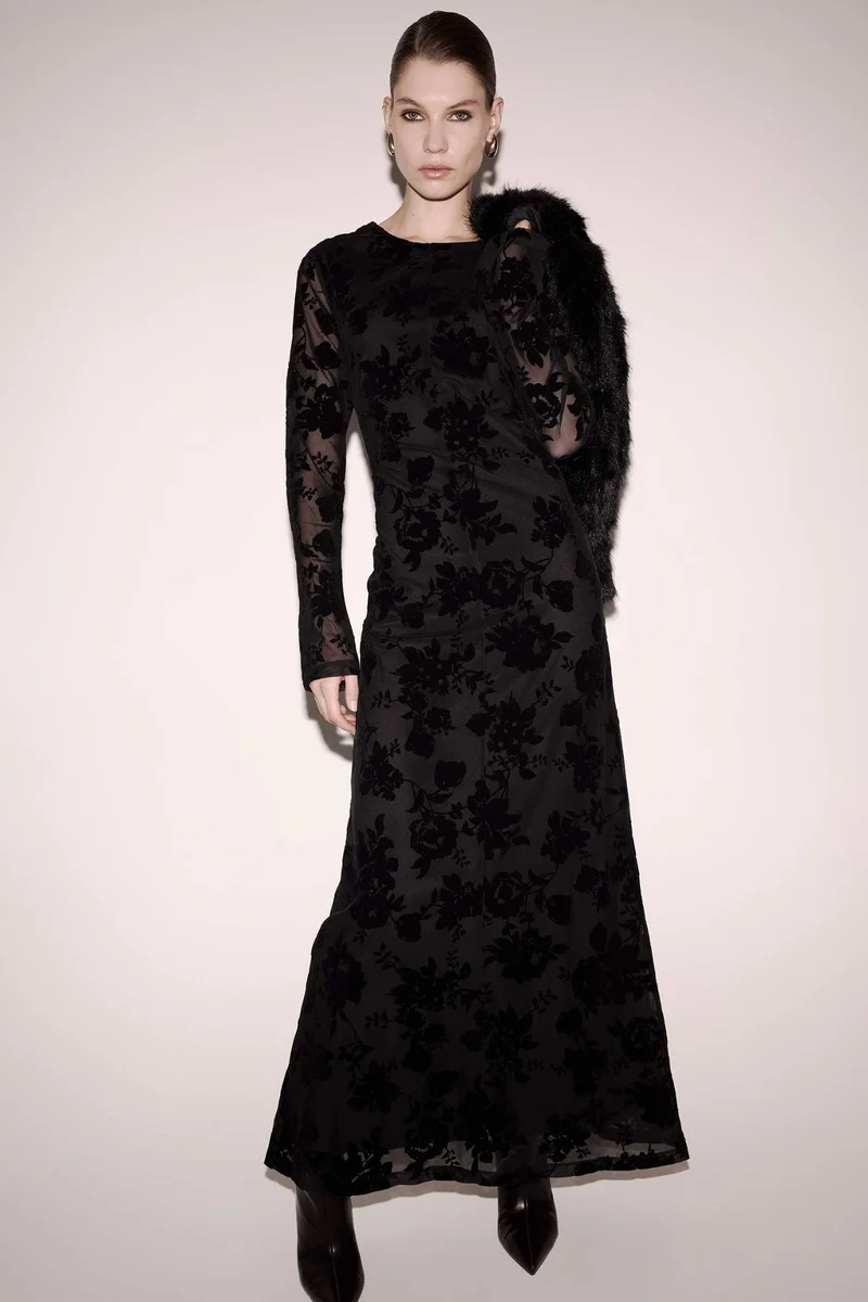 DeFacto A Line Crew Neck Tulle Long Sleeve Dress