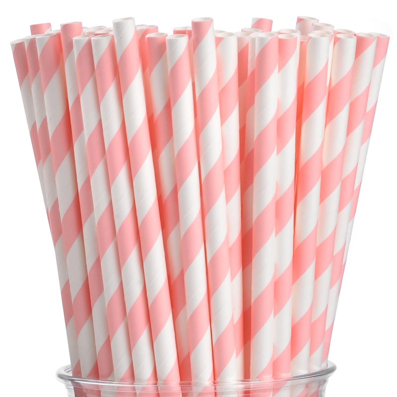 ALINK 100 Pink and White Striped Paper Straws  Biodegradable Disposable Drinking Straws for Christmas  Brithday  New Year  Party Decoration Supplies - Image 1