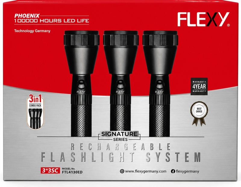 فليكسي FTL4330ED-  نظام مصباح يدوي قابل لإعادة الشحن من سلسلة FLEXY Phoenix Signature: عبوة كومبو 3 في 1 مزودة بمصباح LED فائق السطوع CREE بقوة 7 واط، وتغطية شعاع لمسافة 1500 متر، وجودة بناء عالية التحمل، وضمان منتج ممتاز لمدة 4 سنوات - Image 3