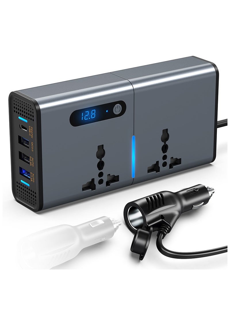 Loquat 200W Car Power Inverter, DC 12V to 220V AC Car Inverter Suitable for Cars u0026 SUVs with 2 AC Outlets, 3 USB, 1 Type C Port and LED display (Silver Grey) - Image 1