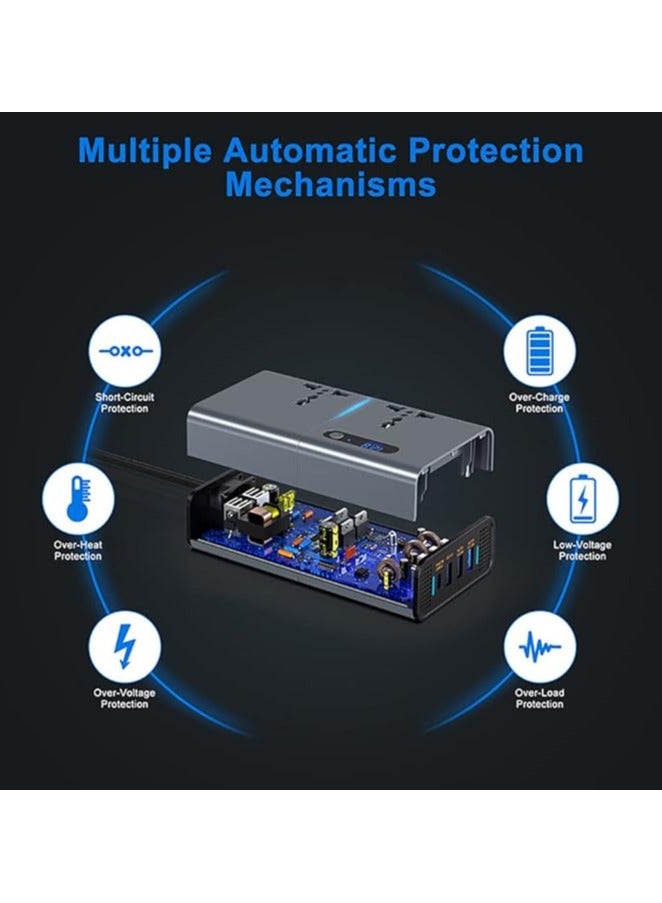 Loquat 200W Car Power Inverter, DC 12V to 220V AC Car Inverter Suitable for Cars u0026 SUVs with 2 AC Outlets, 3 USB, 1 Type C Port and LED display (Silver Grey) - Image 4