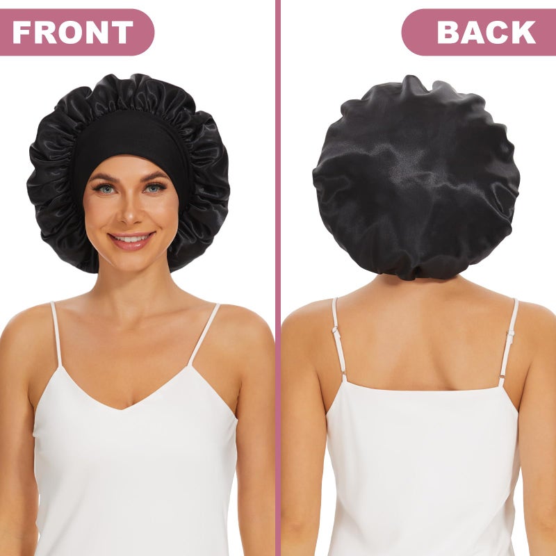 LEADUWAY 4Pcs Satin Bonnet Silk Bonnet, Hair Bonnet for Sleeping, Elastic Wide Band Sleep Cap, Soft and Breathable Silk Hair Wrap for Sleeping (Black Purple Rose Leopard) - Image 5