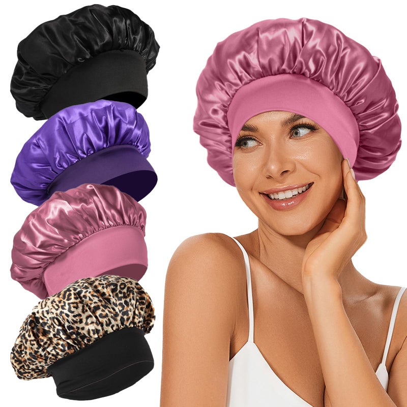 LEADUWAY 4Pcs Satin Bonnet Silk Bonnet, Hair Bonnet for Sleeping, Elastic Wide Band Sleep Cap, Soft and Breathable Silk Hair Wrap for Sleeping (Black Purple Rose Leopard) - Image 1