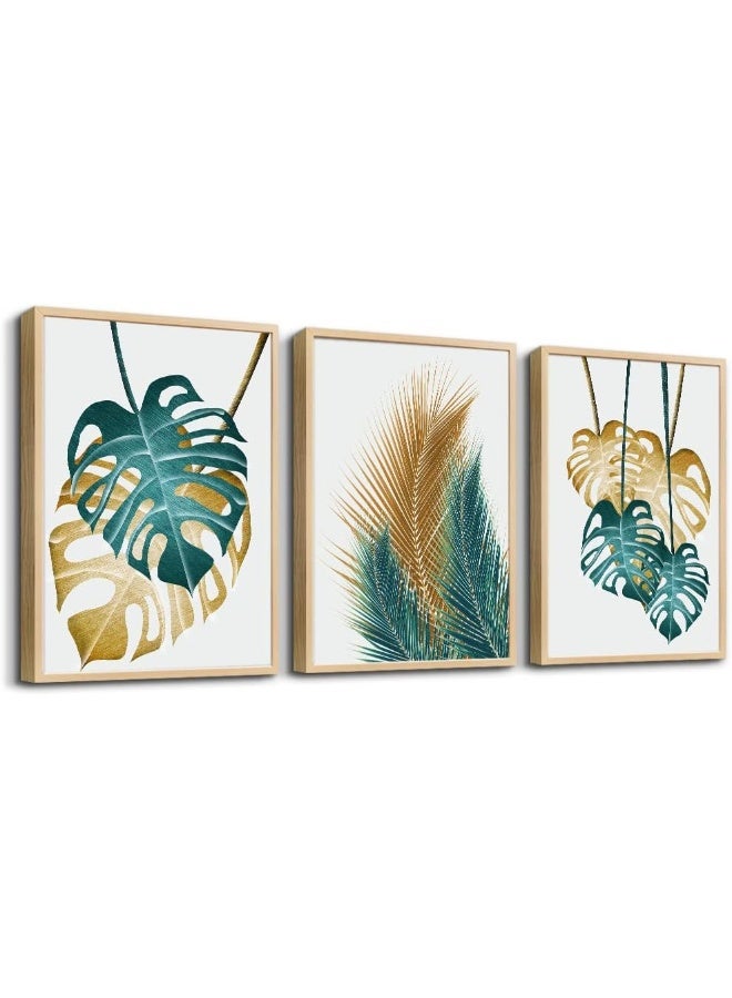 Home Trove Natural Wood Framed Wall Art For Living Room Wall Decorations For Bedroom Kitchen Wall Decor Dining Room Abstract Painting Leaves Wall Pictures Artwork Bathroom Home Decor 3 Piece Framed Art Prints  - Image 1