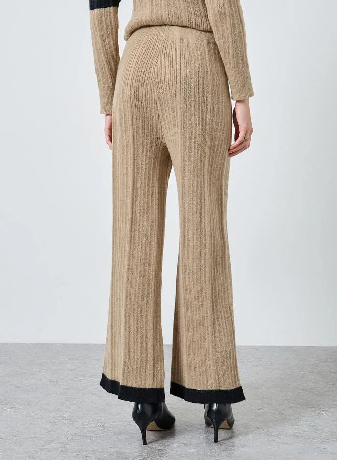 Styli Women Beige Textured Knit Wide Leg Pants with Contrast Trim
