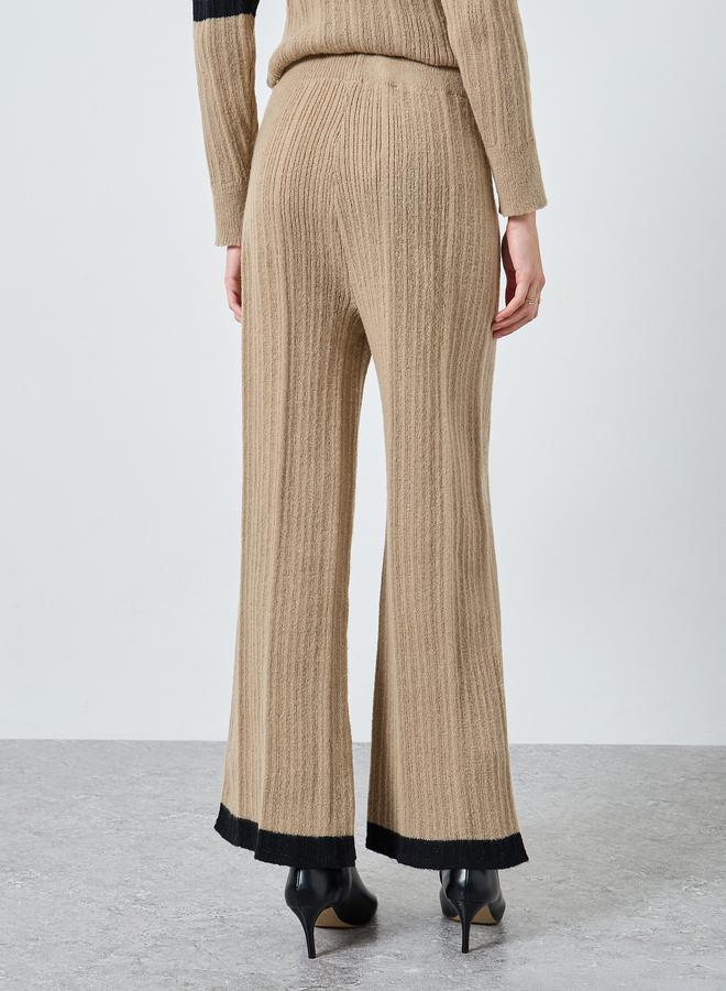 Styli Women Beige Textured Knit Wide Leg Pants with Contrast Trim - Image 4