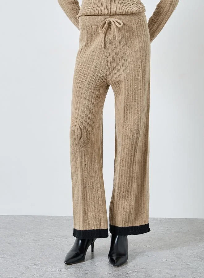 Styli Women Beige Textured Knit Wide Leg Pants with Contrast Trim