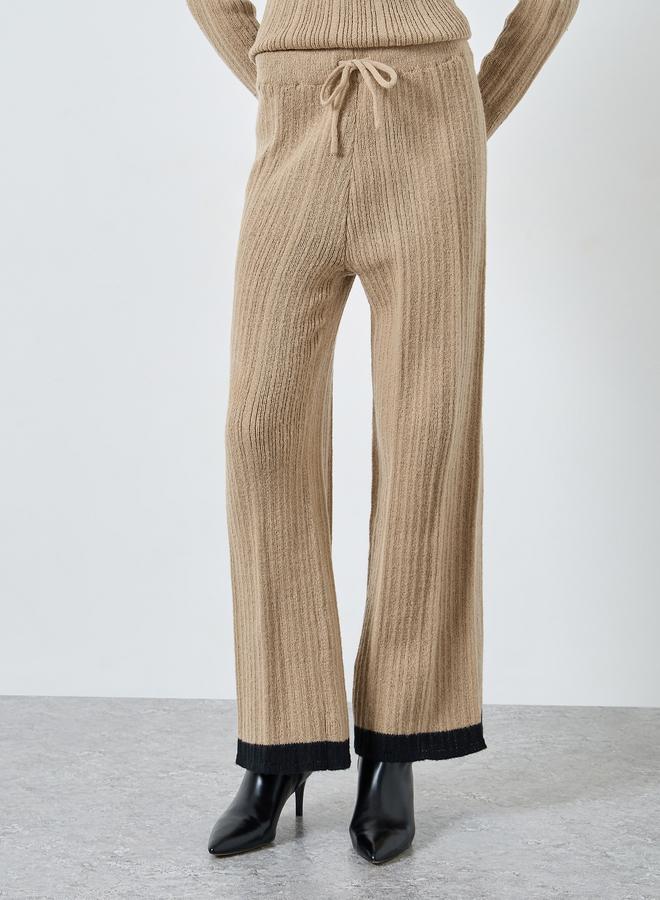 Styli Women Beige Textured Knit Wide Leg Pants with Contrast Trim - Image 2