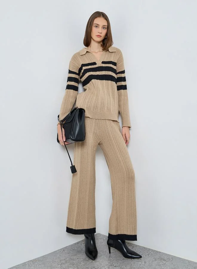 Styli Women Beige Textured Knit Wide Leg Pants with Contrast Trim