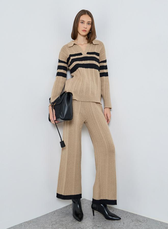 Styli Women Beige Textured Knit Wide Leg Pants with Contrast Trim - Image 1