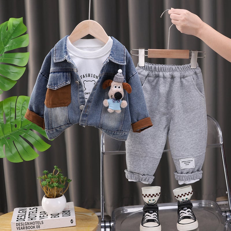 Boys Spring Wear suit Childrens Wear 2025 Spring and Autumn New Cartoon Denim Jacket Sweatshirt Trousers Three-Piece Set Trendy Brown