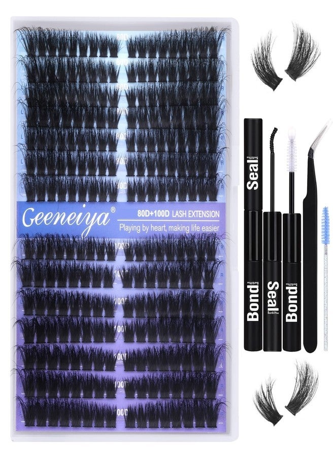 Geeneiya Pre-made Cat Eye Lash Extension Kit Lash Clusters Kit 9-16mm Wispy Cluster Eyelash Extension Kit 80D+100D Individual Eyelashes with Lash Bond and Seal, Lash Tweezers by Geeneiya - Image 1