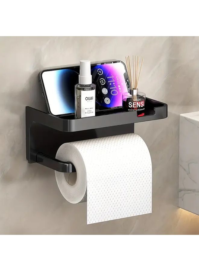Heavy Duty Black Over The Toilet Tissue Holder And Phone Shelf Combo Space Saving - Image 2