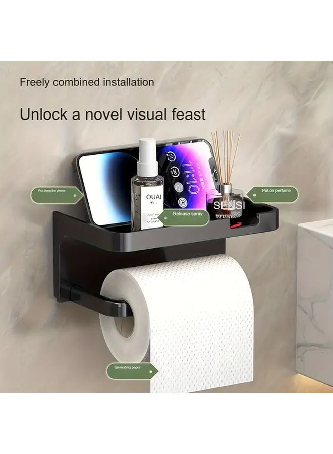 Heavy Duty Black Over The Toilet Tissue Holder And Phone Shelf Combo Space Saving - Image 1