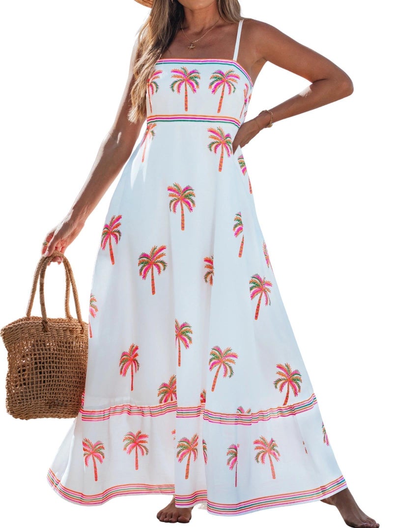 popvil Women Summer Maxi Dress 2026 Spaghetti Strap Long Beach Dress Boho A-Line Flowy Casual Sleeveless Sun Dress Vacation Party(White,Small) - Image 1