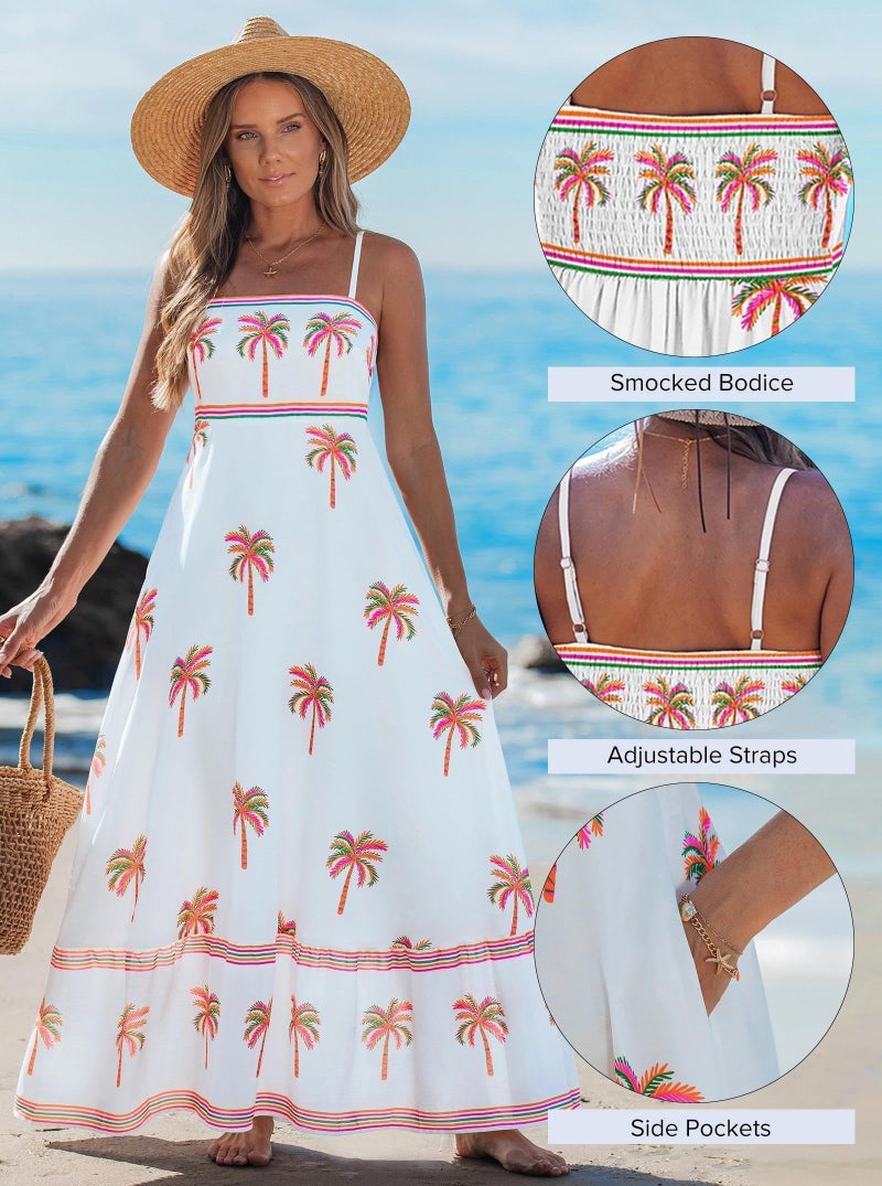 popvil Women Summer Maxi Dress 2026 Spaghetti Strap Long Beach Dress Boho A-Line Flowy Casual Sleeveless Sun Dress Vacation Party(White,Small) - Image 5