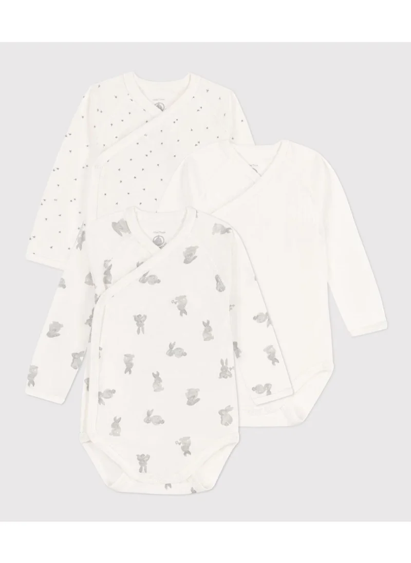 Petit Bateau Long-sleeved wrapover rabbit themed cotton bodysuits - Pack of 3