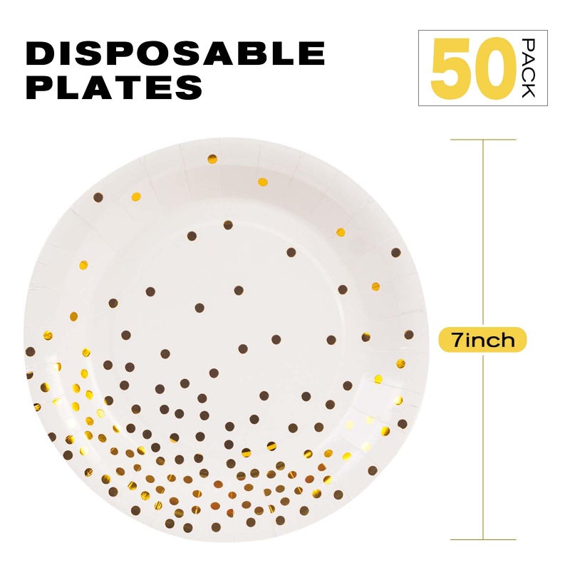 EVYIENEN 50 Pack White and Gold Paper Plates  7 inch Metallic Foil Polka Dots Disposable Dessert Party Plates Party Supplies for Graduation Birthday Party Weddings Holiday Christmas - Image 2