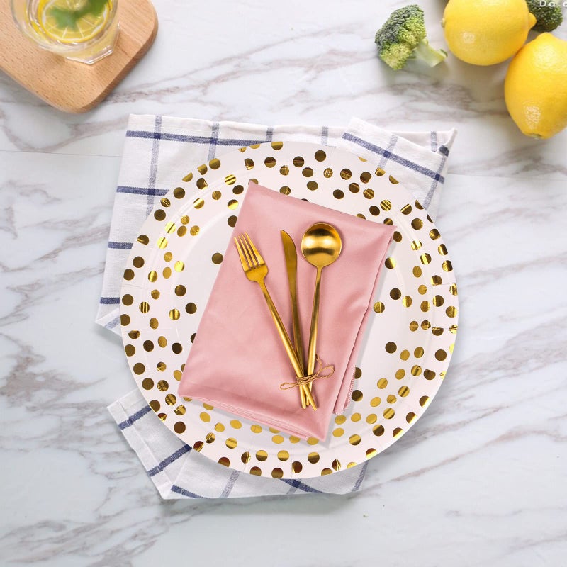 EVYIENEN 50 Pack White and Gold Paper Plates  7 inch Metallic Foil Polka Dots Disposable Dessert Party Plates Party Supplies for Graduation Birthday Party Weddings Holiday Christmas - Image 4