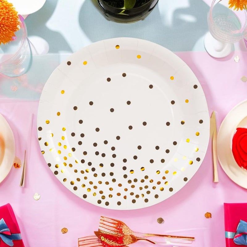 EVYIENEN 50 Pack White and Gold Paper Plates  7 inch Metallic Foil Polka Dots Disposable Dessert Party Plates Party Supplies for Graduation Birthday Party Weddings Holiday Christmas - Image 5