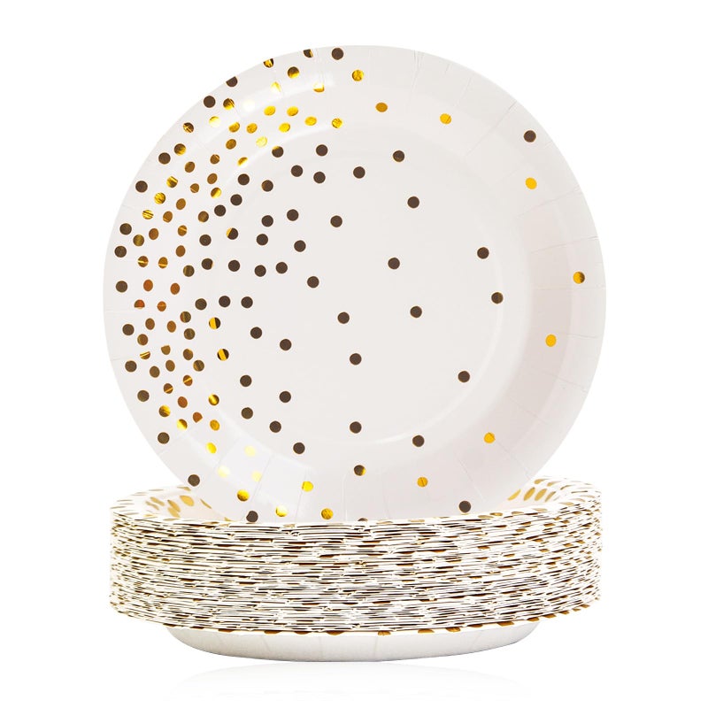 EVYIENEN 50 Pack White and Gold Paper Plates  7 inch Metallic Foil Polka Dots Disposable Dessert Party Plates Party Supplies for Graduation Birthday Party Weddings Holiday Christmas - Image 1