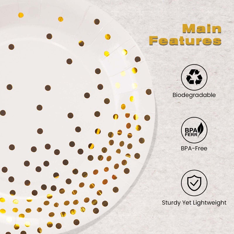 EVYIENEN 50 Pack White and Gold Paper Plates  7 inch Metallic Foil Polka Dots Disposable Dessert Party Plates Party Supplies for Graduation Birthday Party Weddings Holiday Christmas - Image 3