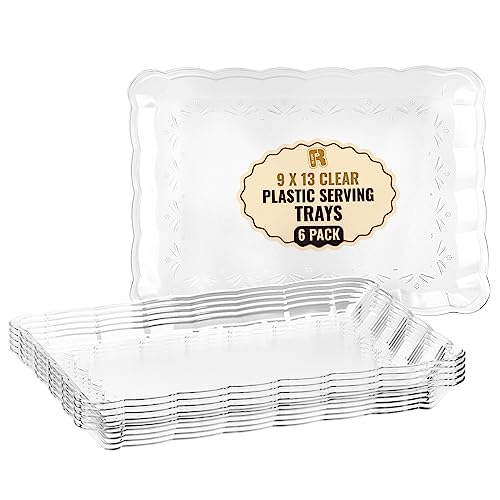 R-kay 6 Pack Clear Plastic Serving Trays for Party, 9 x 13 Inch - Heavy Duty Plastic Trays for Food - Rectangular Party Serving Trays and Platters - Clear Disposable Trays - Image 1