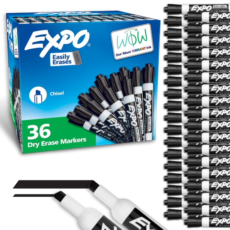 EXPO Dry Erase Markers, Chisel Tip, Black, Low-Odor, Pack of 36, Perfect for Whiteboards, Non-Porous Surfaces & Home Offices - Image 1