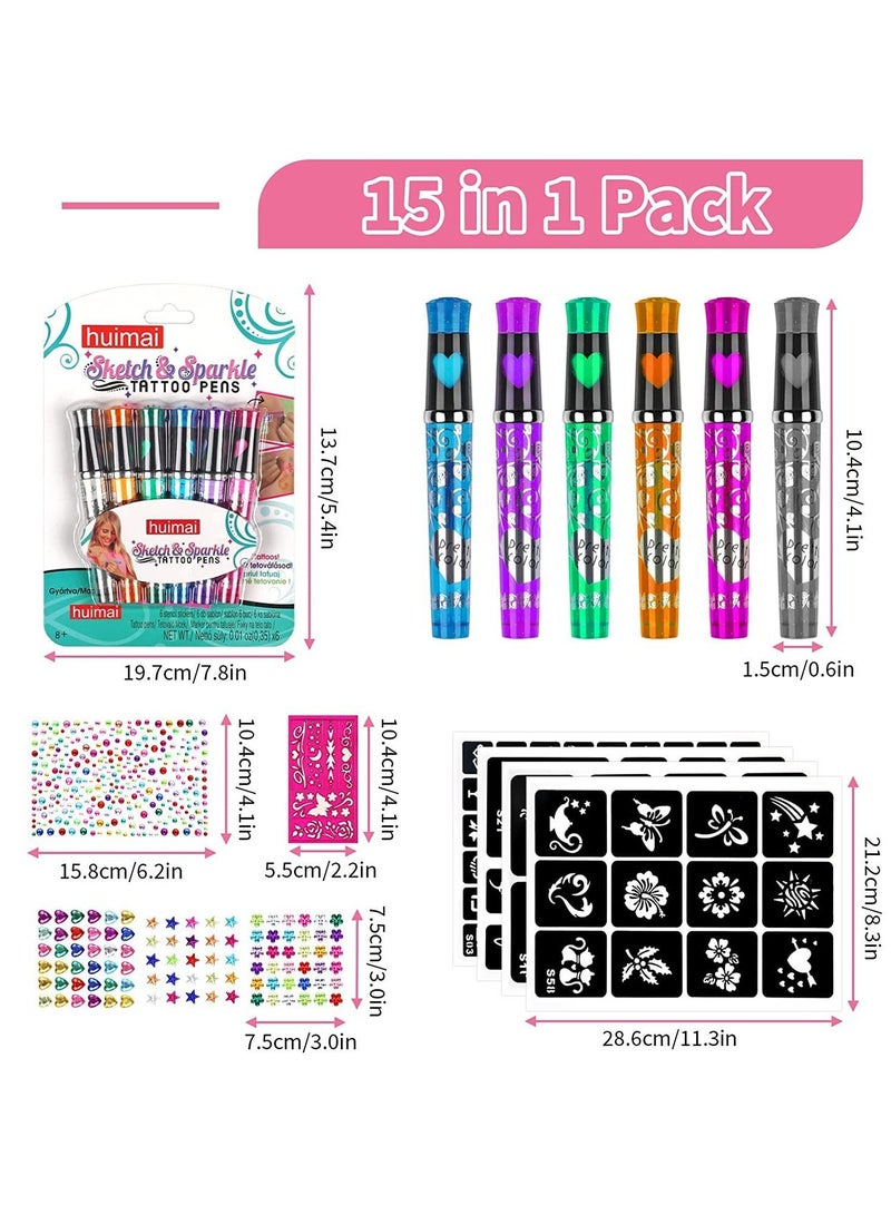 Y&D 6 In 1 Sparkle Art Temporary Tattoos for Kids Shimmery Tattoo Pens Washable Ink Markers with Stencil Stickers Girls Boys Theme Party Birthday Gifts Supplies Decorations - Image 3