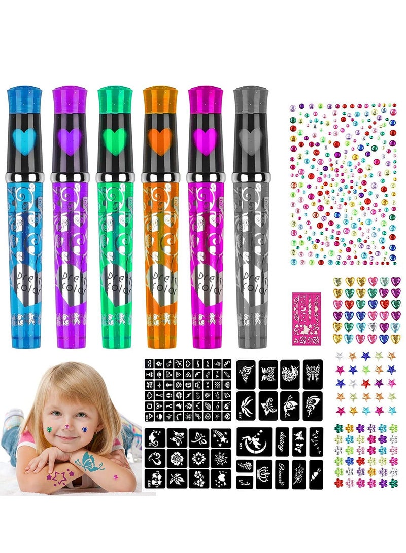 Y&D 6 In 1 Sparkle Art Temporary Tattoos for Kids Shimmery Tattoo Pens Washable Ink Markers with Stencil Stickers Girls Boys Theme Party Birthday Gifts Supplies Decorations - Image 2
