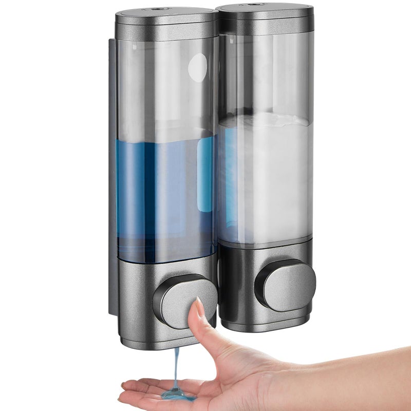 pollock Shampoo and Conditioner Dispenser 2 Chamber No Drill, Shower Soap Pump Dispenser Wall Mounted, Body Wash Dispenser for Shower, Shower Gel Dispenser Shampoo Holder for Bathroom Accessories, Gungrey - Image 1