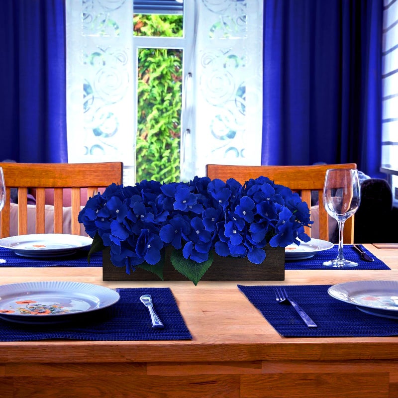 Scawim Flower Table Centerpiece, Artificial Hydrangea Arrangements Centerpieces Fake Flowers Decor Wood Tray with Faux Flower Wedding Bouquets Room Kitchen Farmhouse Indoor Office Partyy(Royal Blue) - Image 4