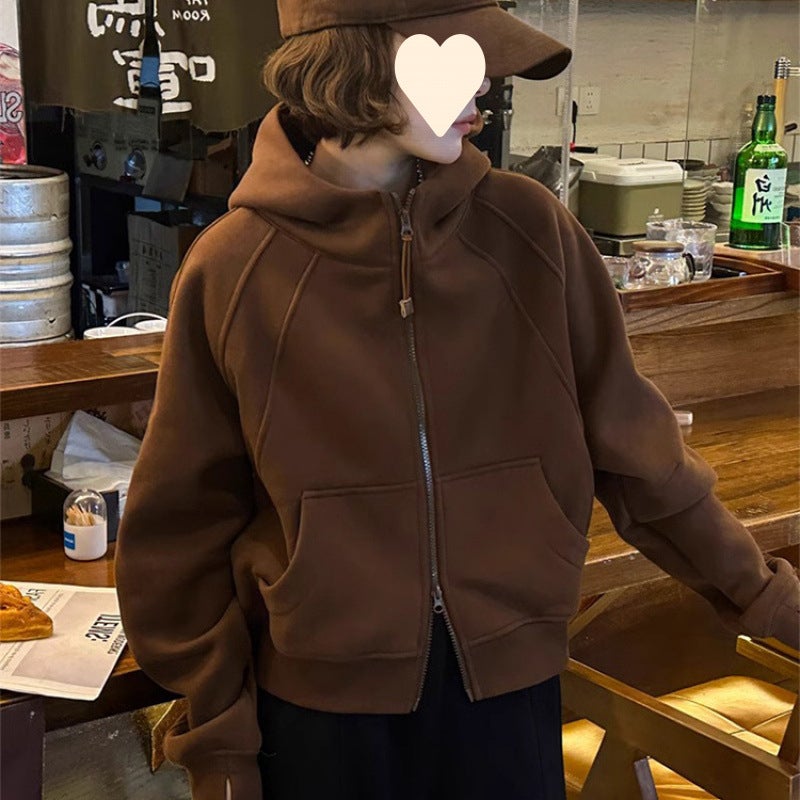 White Short Jacket Womens Autumn 2024 New American Casual Loose Zipper Sweater plus size Hooded Top Trendy Brown [casualloose zipper sweatshirt/high quality]