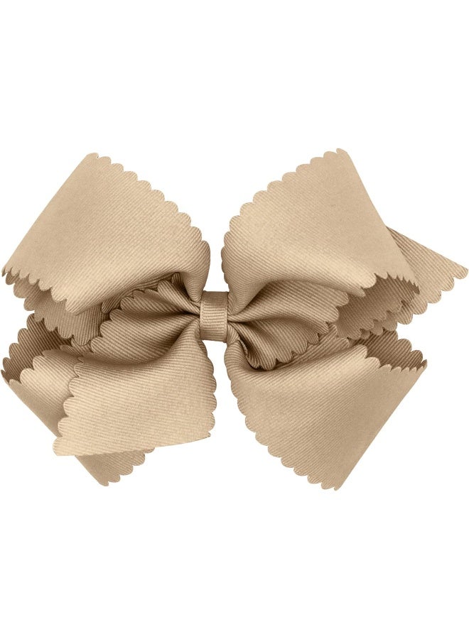 Wee Ones Girls' Classic Grosgrain Hair Bow with Scalloped Edges and Plain Wrap Center on a WeeStay Hair Clip, King, Oatmeal - Image 1