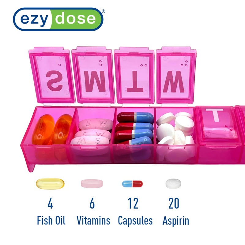 EZY DOSE Weekly (7-Day) Pill Organizer, Medicine Planner with Large Compartments for Easy Pill Removal, BPA-Free Vitamin Box, Travel-Friendly Pill Case, Durable & Portable, Pink - Image 3